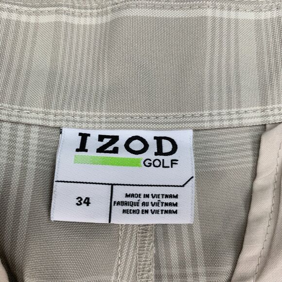 Izod Golf Shorts Mens 34 Stone Plaid Flat Front High Rise Quick Dry Performance - Picture 4 of 11